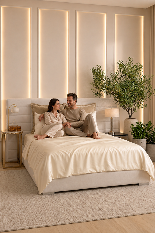 Luxury organic bamboo sheet set styled in a modern bedroom on mobile view